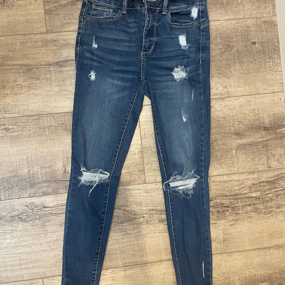 Buttons Blue Skinny Jeans with Knee Distressing